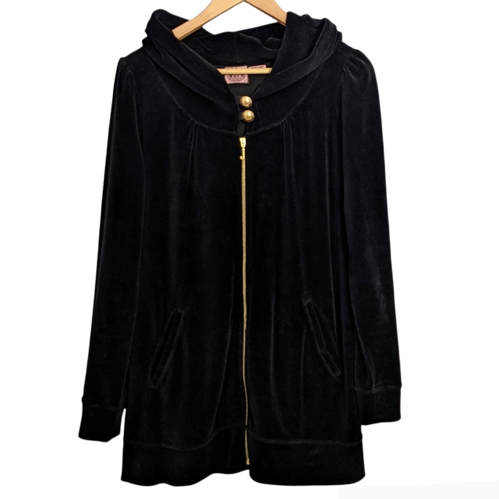 Vintage Juicy Couture Y2K Black Velour Full Zip Hooded Jacket
